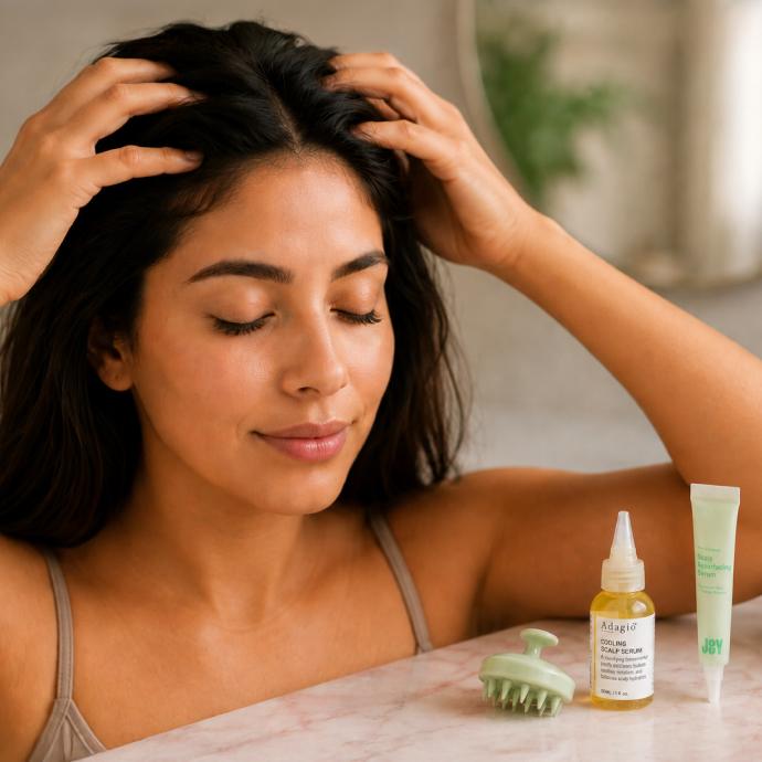 Mujer haciendo su rutina de skincare o cuidado del cuero cabelludo.