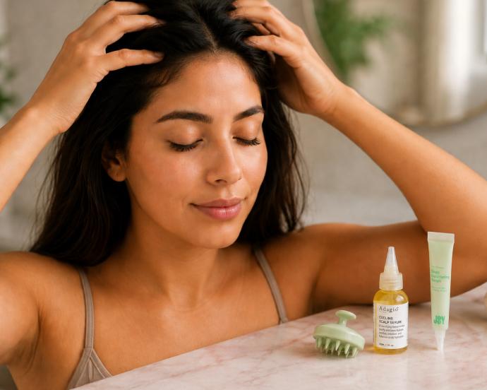 Mujer haciendo su rutina de skincare o cuidado del cuero cabelludo.