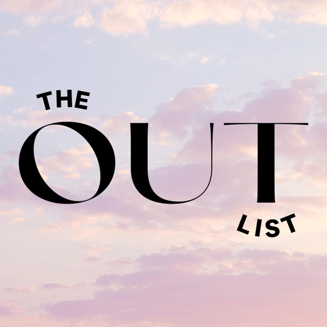 Black text "THE OUT LIST" on sunset sky and clouds background